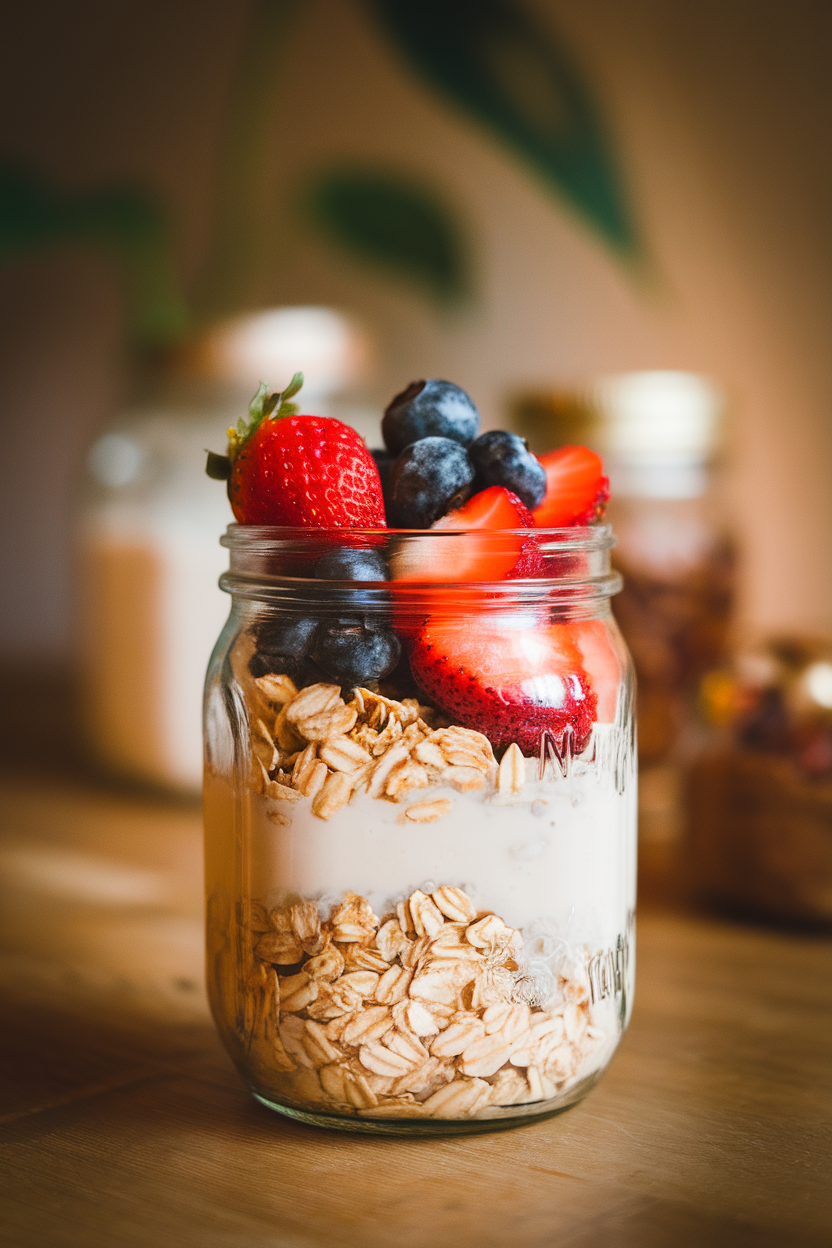 A warmly lit indoor photo of a glass jar layered with rolled oats, almond milk, and a colorful topping of strawberries and blueberries, sitting on a wooden table with no text or logos.