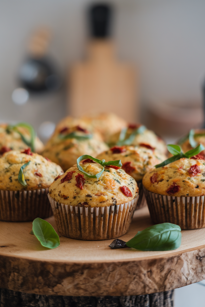 Indoor photo of savory muffins speckled with sun-dried tomato bits and basil ribbons, no text or logos