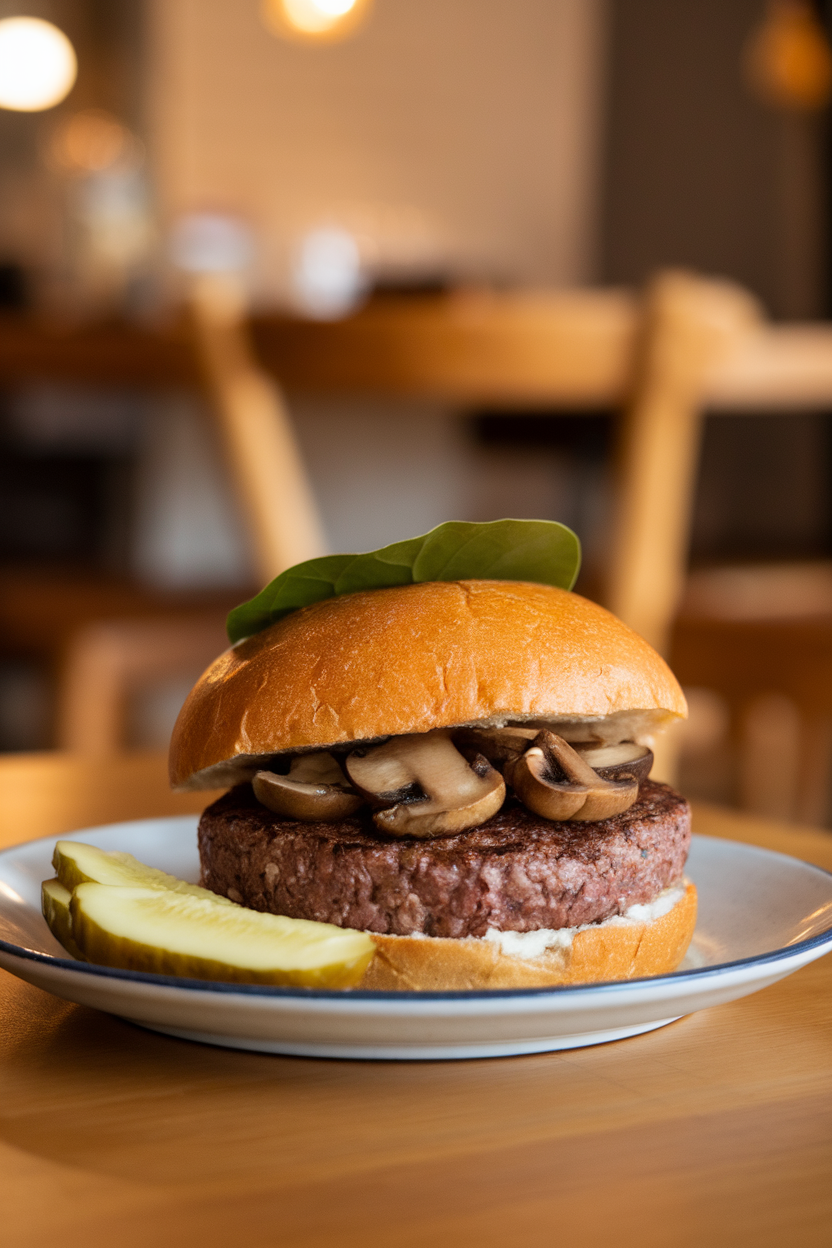 Photo of a beef-barley burger dotted with mushroom pieces, served with pickles on the side indoors; no text or logos; photo, not illustration