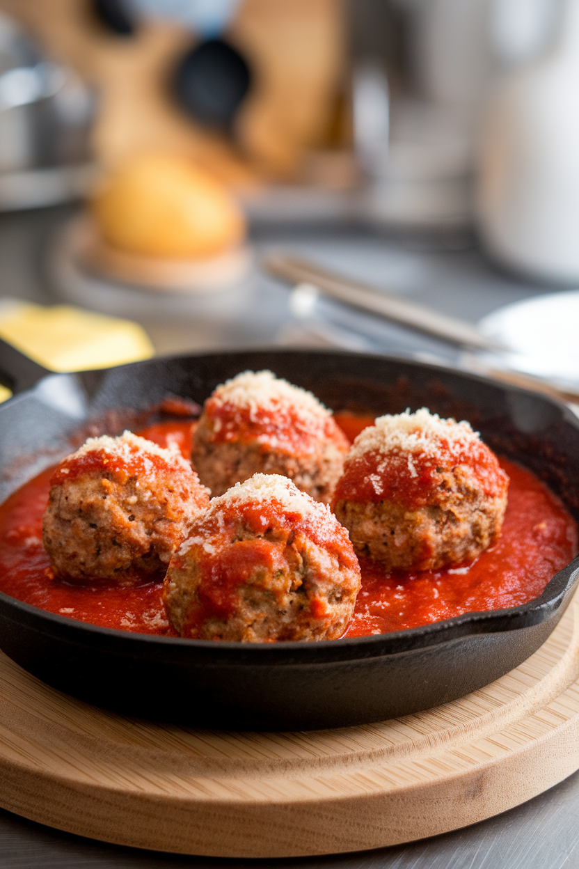Indoor photo of turkey meatballs in marinara sauce, topped with a light dusting of grated Parmesan, served in a small skillet, no text or logos.