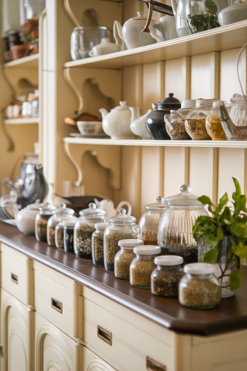 An indoor sideboard with teapots and glass jars of loose herbal teas like peppermint and chamomile. No text or logos.