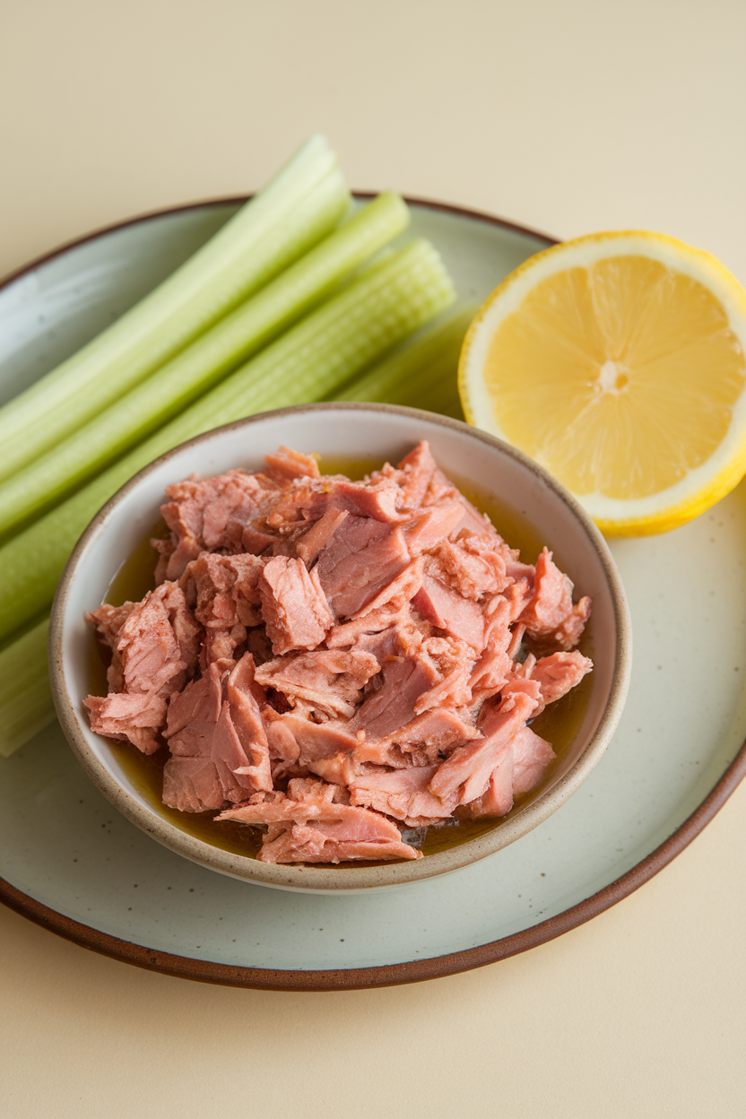 A small indoor bowl of flaked cooked tuna with olive oil sheen, placed next to celery sticks and a squeeze of lemon; no text or logos, photo.