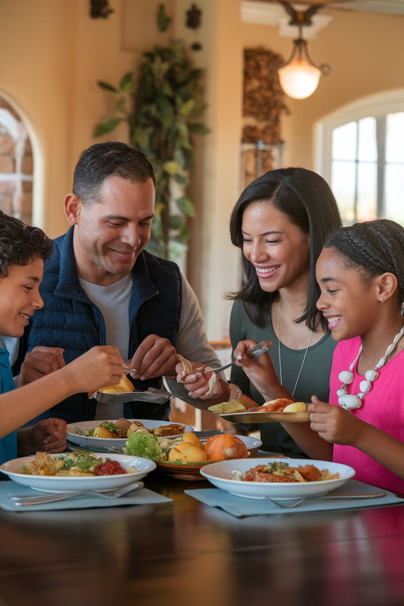Indoor photo of parents and children all eating the same balanced meal together, warm dining room lighting, no text or logos