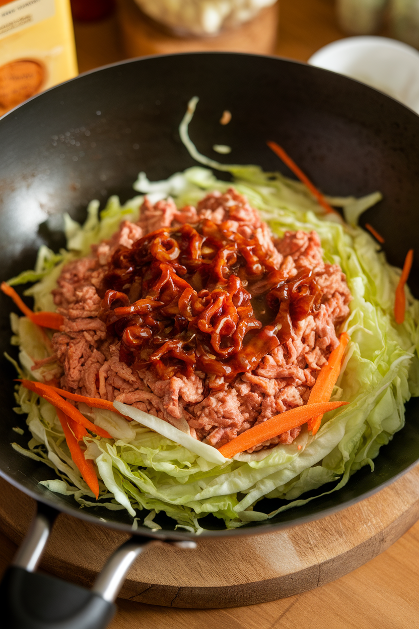 Indoor photo of a wok filled with ground turkey, shredded green cabbage, carrots, and soy-garlic sauce, no text or logos.