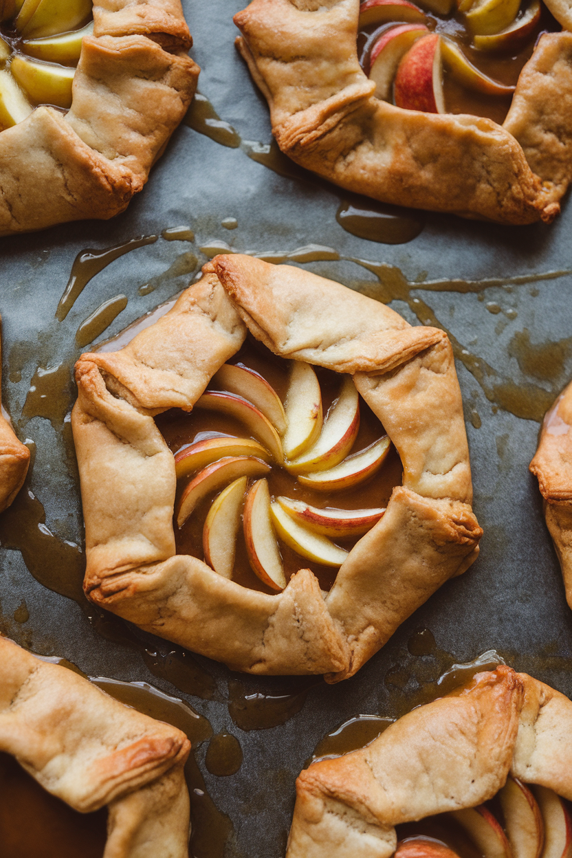 Indoor baking sheet of small rustic apple galettes, caramel sauce glistening and flaky crust edges browned; no text or logos