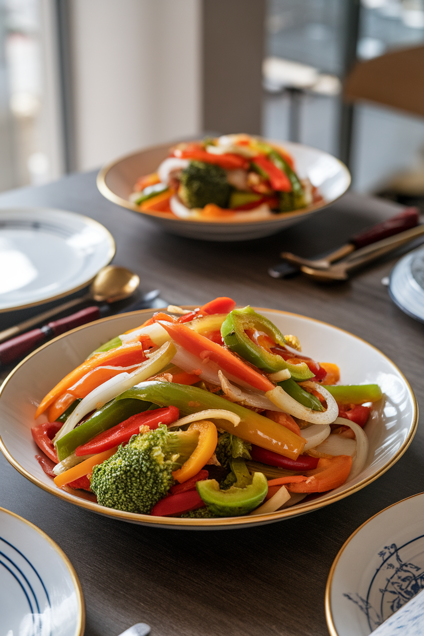 Photo of an indoor dining table showcasing a colorful vegetable stir-fry inspired by traditional cuisine, minimal oil sheen, no text or logos.