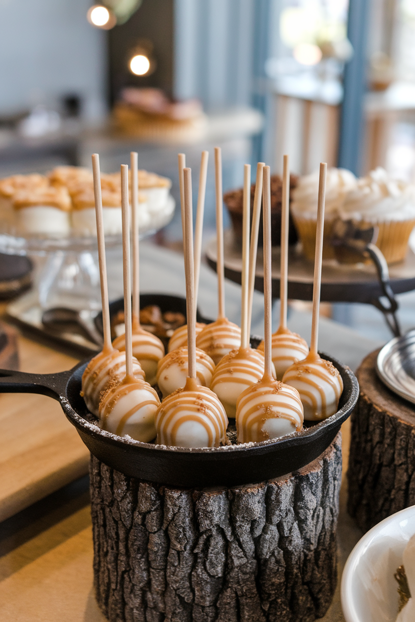 Photo, not illustration. Indoor bistro dessert station. Banana-cinnamon cake pops with caramel drizzle and a tiny sprinkle of brown sugar, arranged on a cast-iron mini skillet. No text or logos.