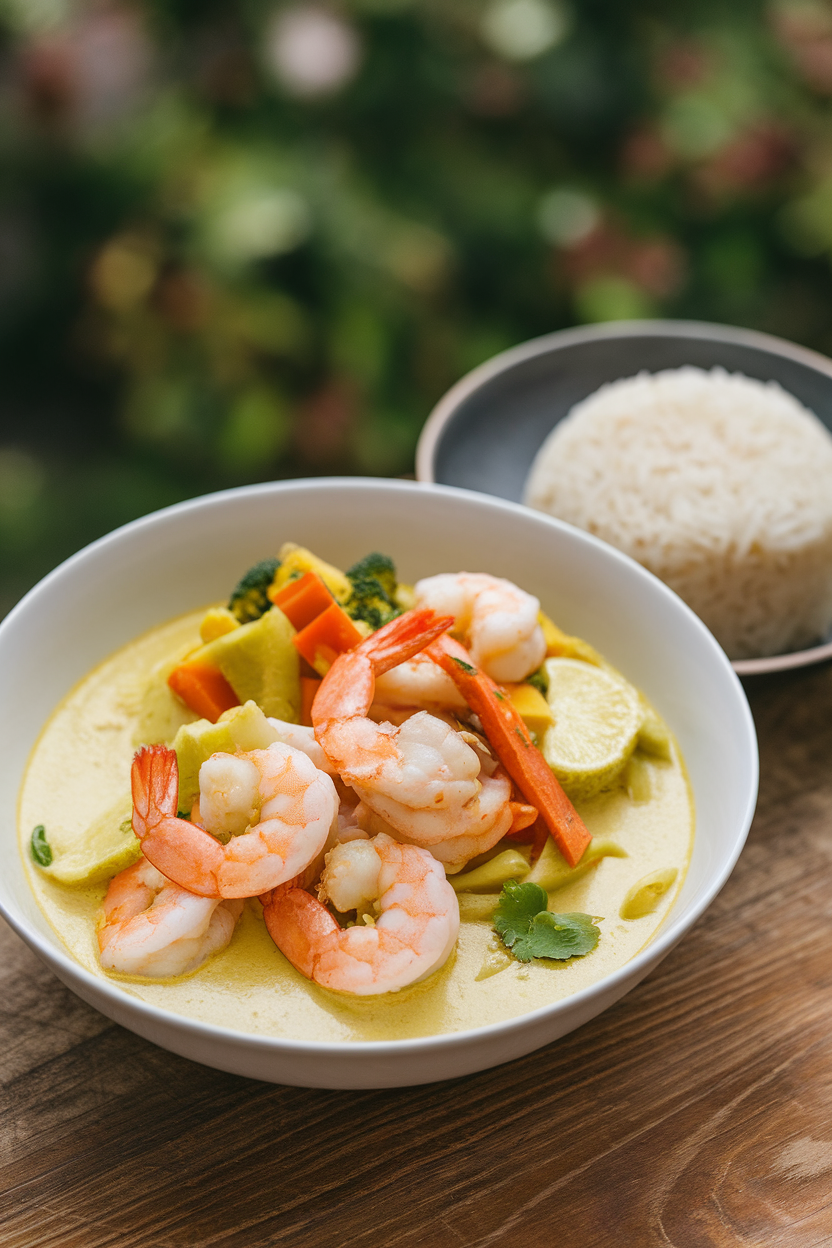 A small indoor bowl of cooked shrimp and mixed vegetables in light yellow coconut curry sauce, jasmine rice scoop beside. No text or logos.