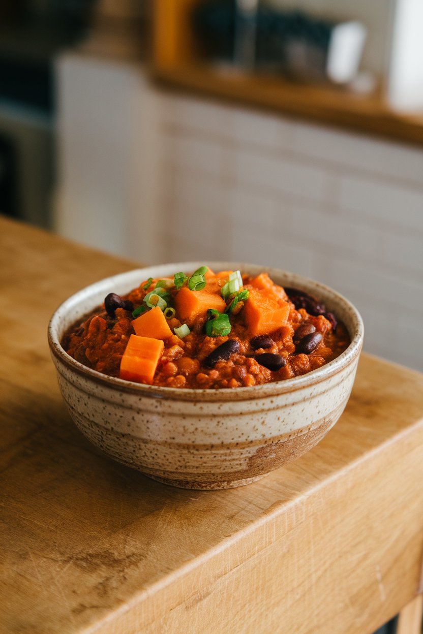 A ceramic bowl on an indoor counter filled with thick chili featuring orange sweet potato cubes and black beans, garnished with green onion. No text or logos; photo only.