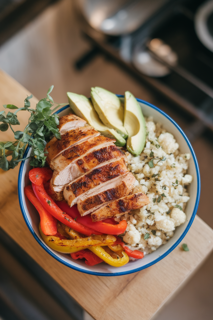 Overhead indoor shot of a bowl filled with grilled chicken strips, sautéed bell peppers, cauliflower rice, and avocado slices. No text or logos. Photo, not illustration.