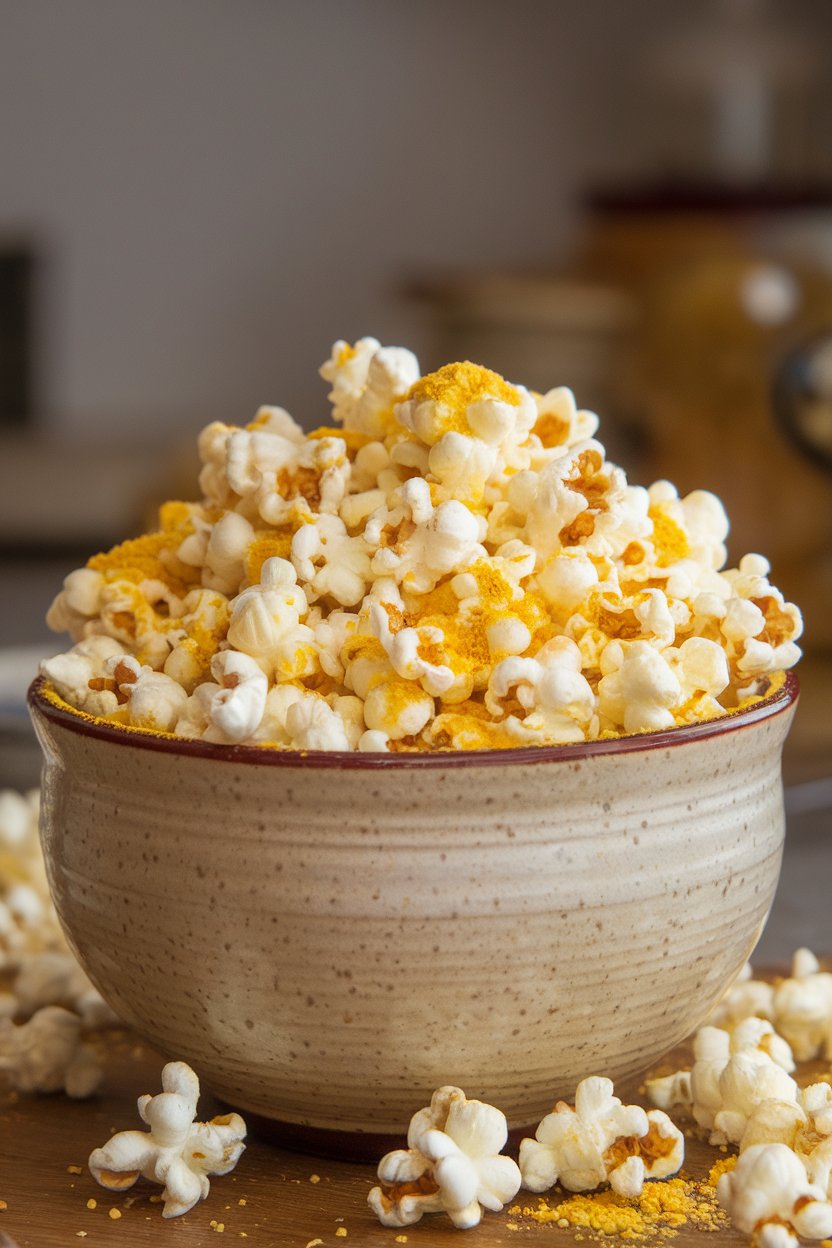 An indoor ceramic bowl overflowing with fluffy air-popped popcorn dusted in yellow nutritional yeast. No text or logos.