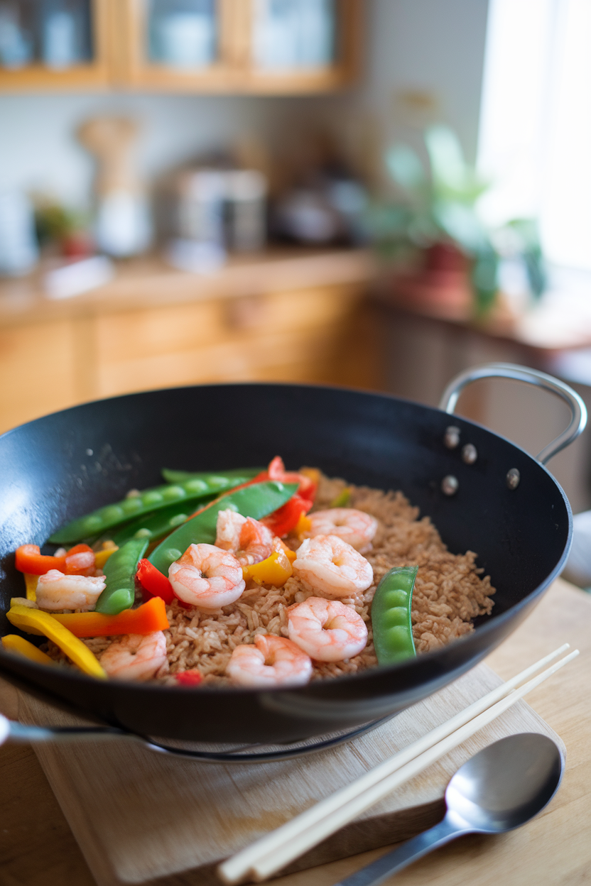 Indoor photo of a wok containing cooked shrimp, snap peas, bell peppers, and brown rice in a light soy-ginger sauce; no text or logos.