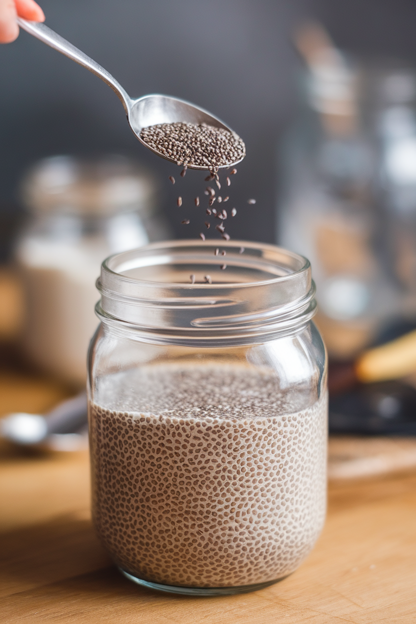 Indoor teaspoon sprinkling black chia seeds into a clear jar of almond milk, seeds starting to swell; no text or logos. Photo.