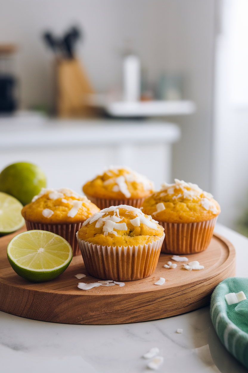 Indoor photo of mango lime muffins with coconut flakes and a lime wedge nearby, bright kitchen lighting, no text or logos