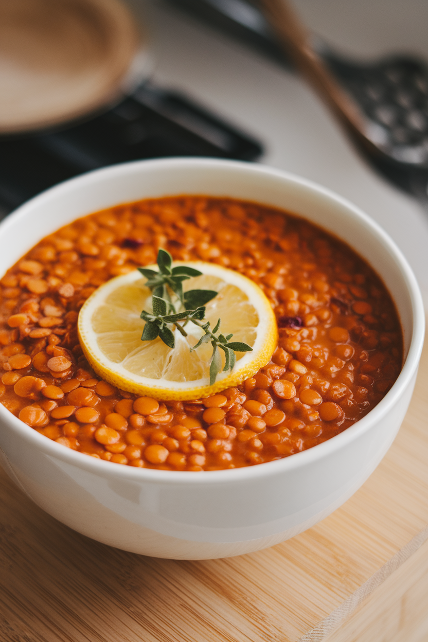 An indoor soup bowl filled with orange-hued lentil soup garnished with a lemon slice and fresh oregano. No logos or text visible.