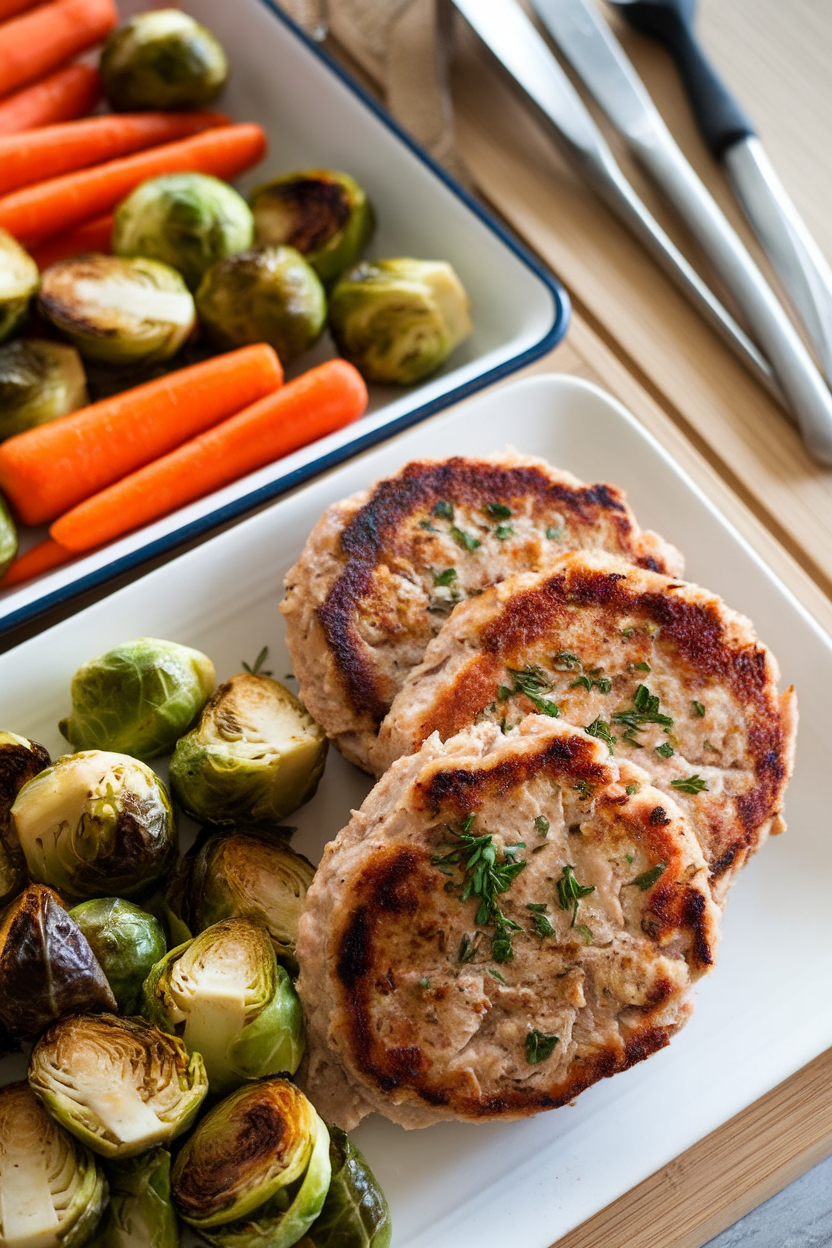 Indoor photo of seared turkey patties flecked with herbs, served alongside a tray of roasted Brussels sprouts and carrots, no text or logos.