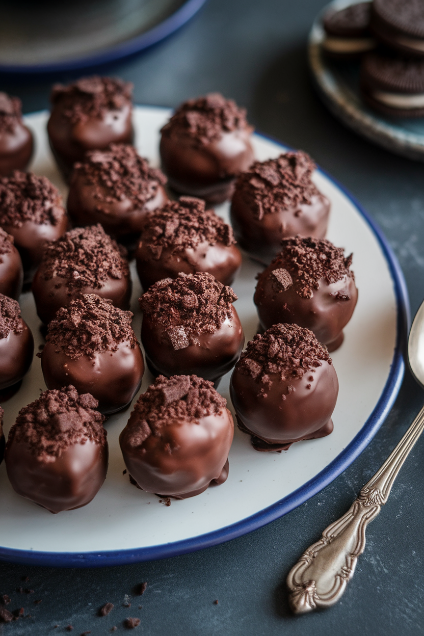 Indoor plate of chocolate-dipped Oreo truffles topped with crushed cookie crumbs; soft lighting, no logos. Photo, not illustration.