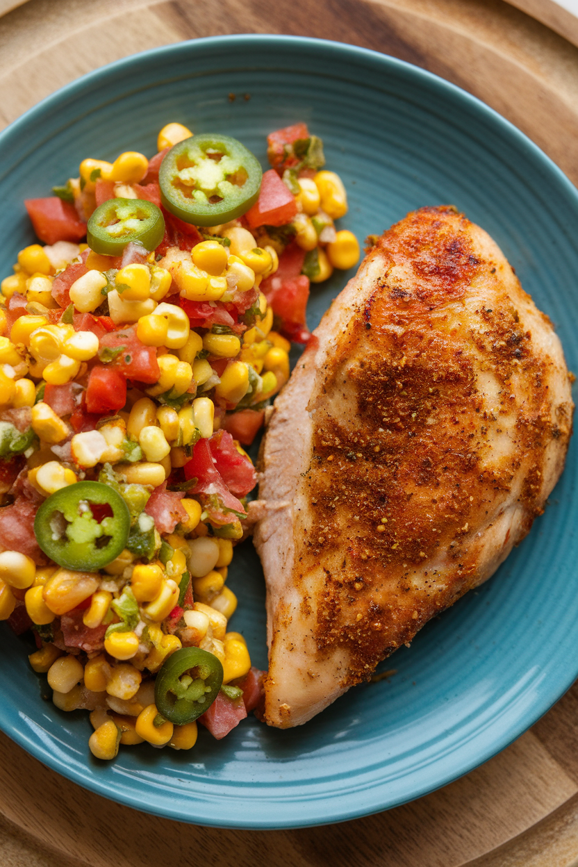 An indoor plate featuring spice-rubbed grilled chicken breast next to a colorful corn, tomato, and jalapeño salsa. No text or logos. Photo.
