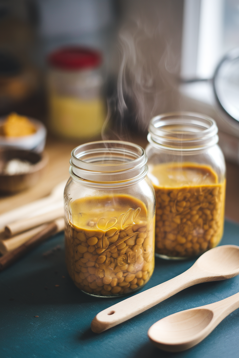A cozy indoor counter scene with mason jars filled to the brim with golden turmeric lentil soup, steam gently rising. No text or logos present.