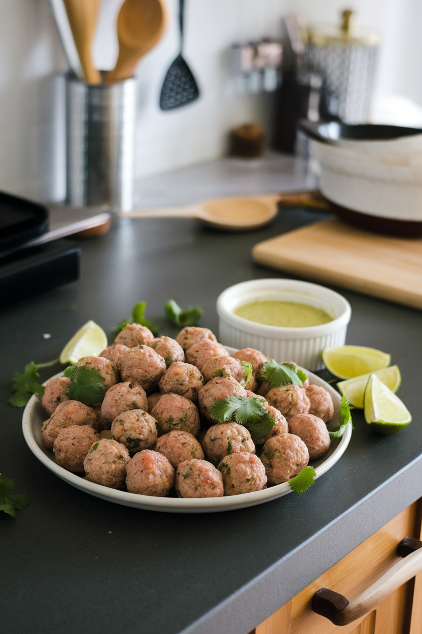 An indoor kitchen island with a platter of small turkey meatballs flecked with cilantro, lime wedges on the side, and a light green sauce in a ramekin. No text or logos. Photo.
