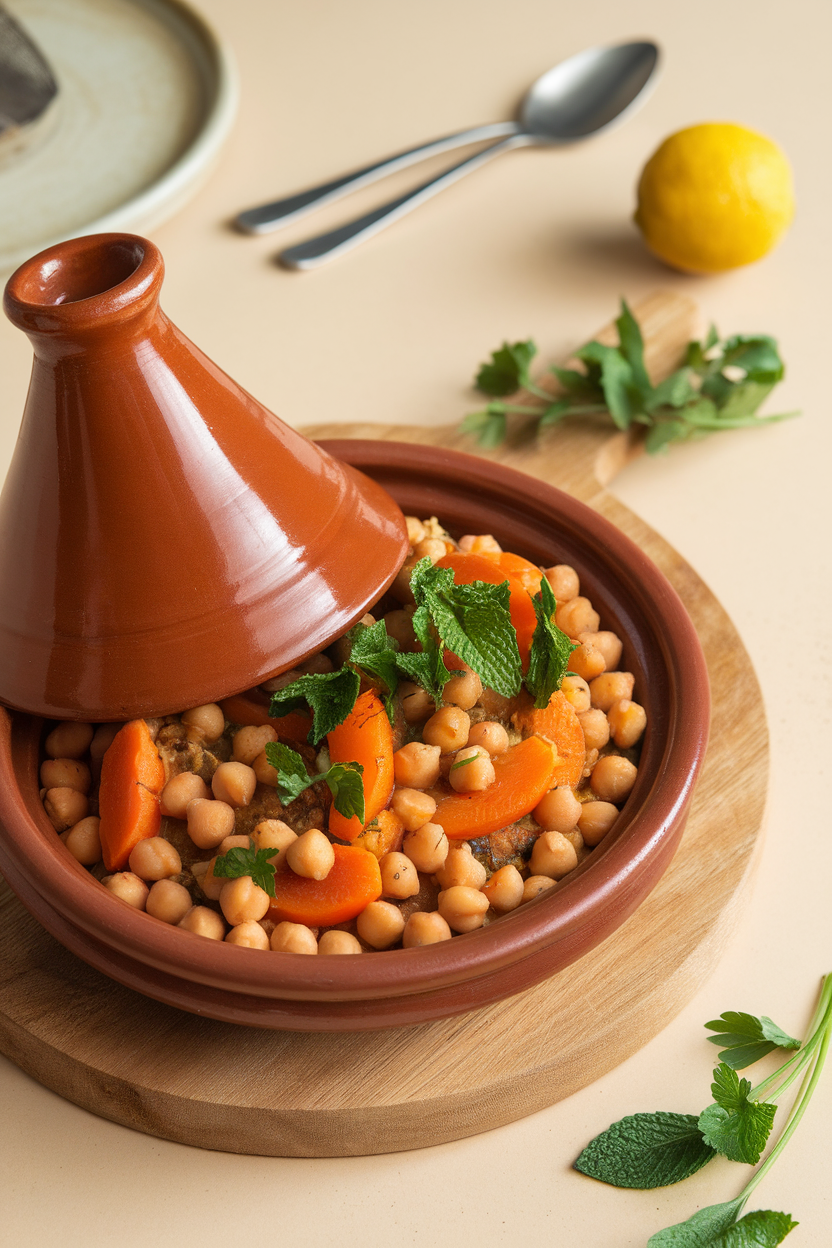 Indoor photo of chickpea tagine with carrots and apricots in a clay bowl; no text or logos