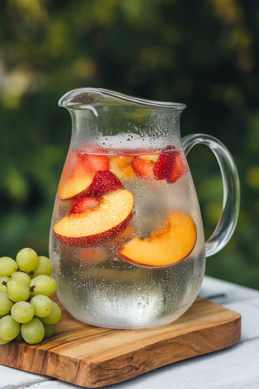 Indoor photo of a clear pitcher filled with chilled white wine, sliced peaches, strawberries, and green grapes, condensation on glass. No text or logos.
