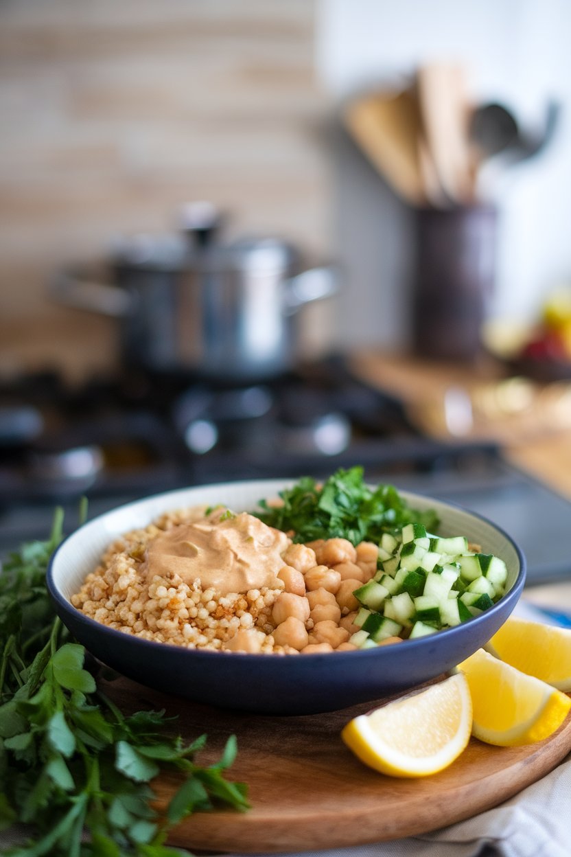A bowl indoors containing bulgur wheat, chickpeas, diced cucumber, and parsley dressed with lemon tahini sauce. No text or logos; photo only.