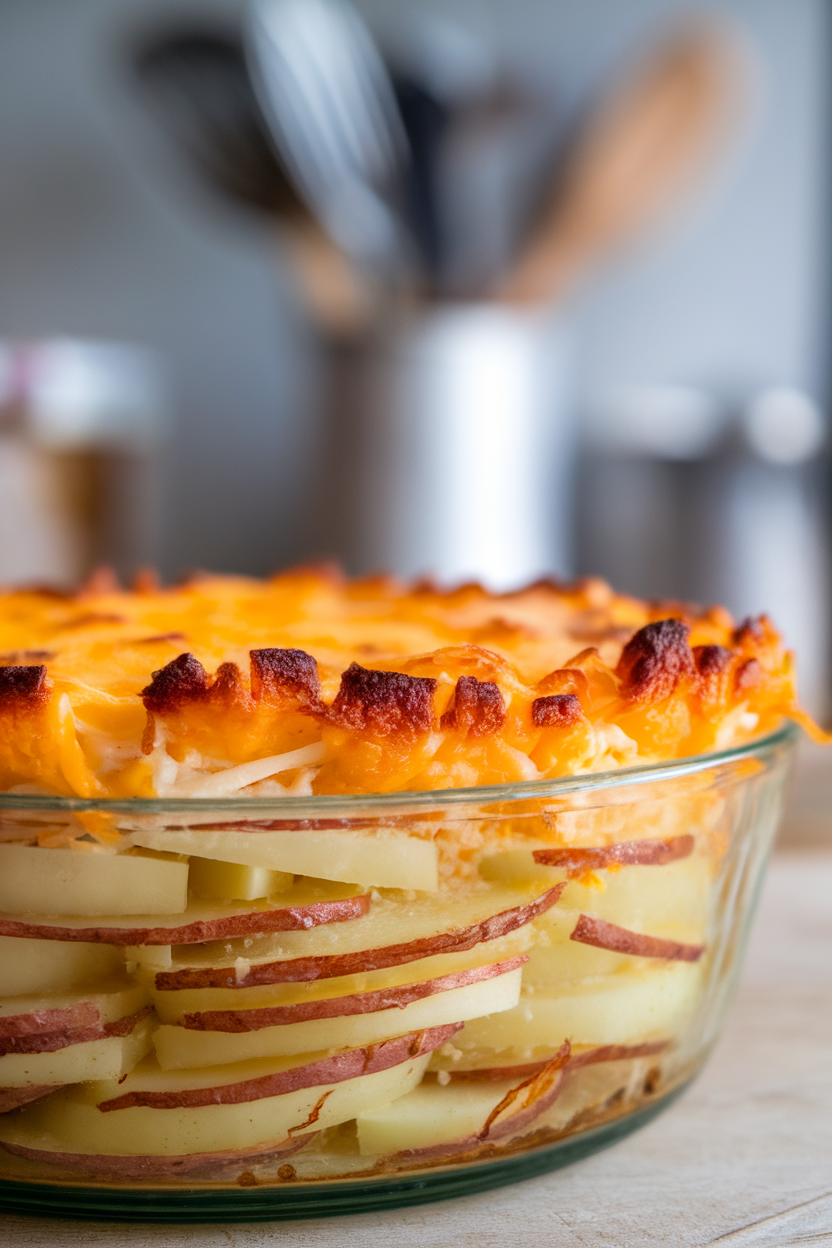 Indoor close-up of layered potato slices in a gratin, cheese visible between strata and browned on top. No text or logos. Photo only.
