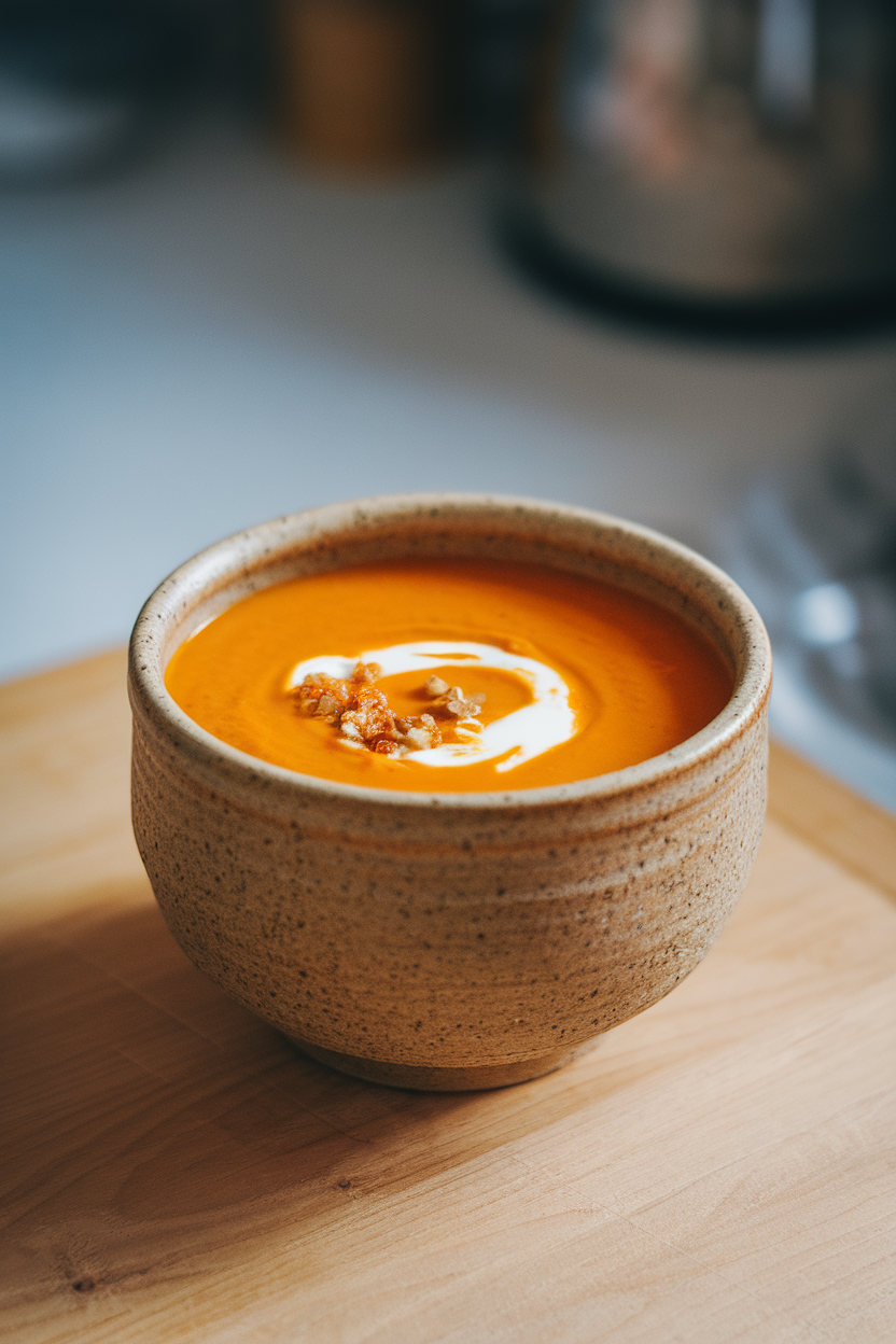 Photo prompt: A ceramic bowl of smooth bright-orange soup, tiny swirl of yogurt on top, indoors with soft lighting. No text or logos.