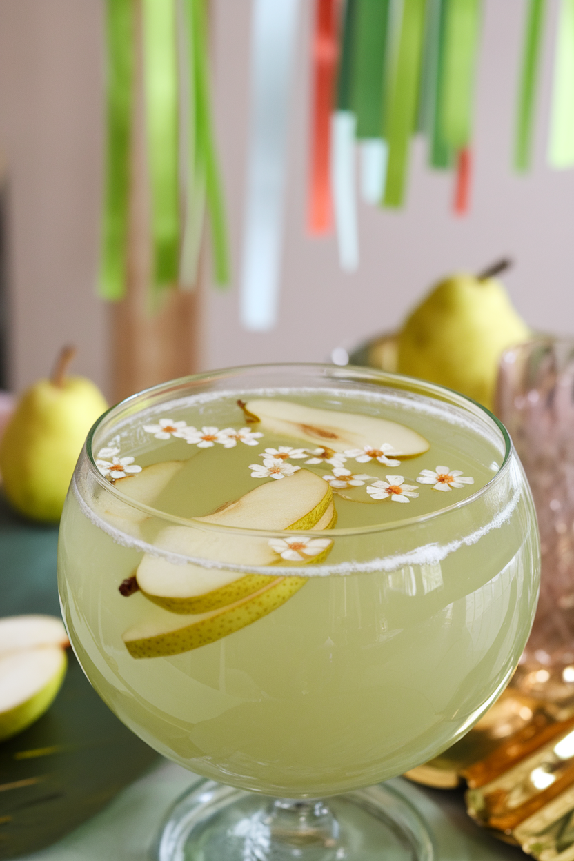 Indoor photo of punch bowl filled with pale green pear mocktail, floating pear slices and tiny white edible flowers; party table; no text or logos.
