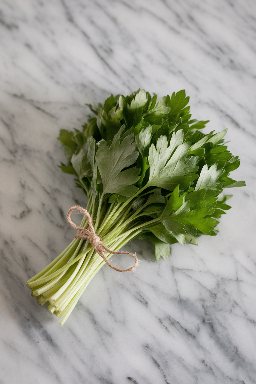 Indoor herb bundle of flat-leaf parsley tied with kitchen twine, lying on a marble countertop; no text or logos. Photo.