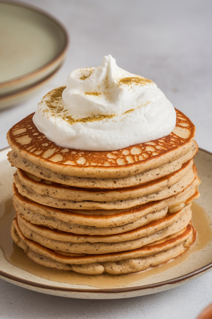 Indoor photo of pancakes with visible specks of chai spices, topped with foam-like whipped cream and a sprinkle of ground cardamom; no text or logos.