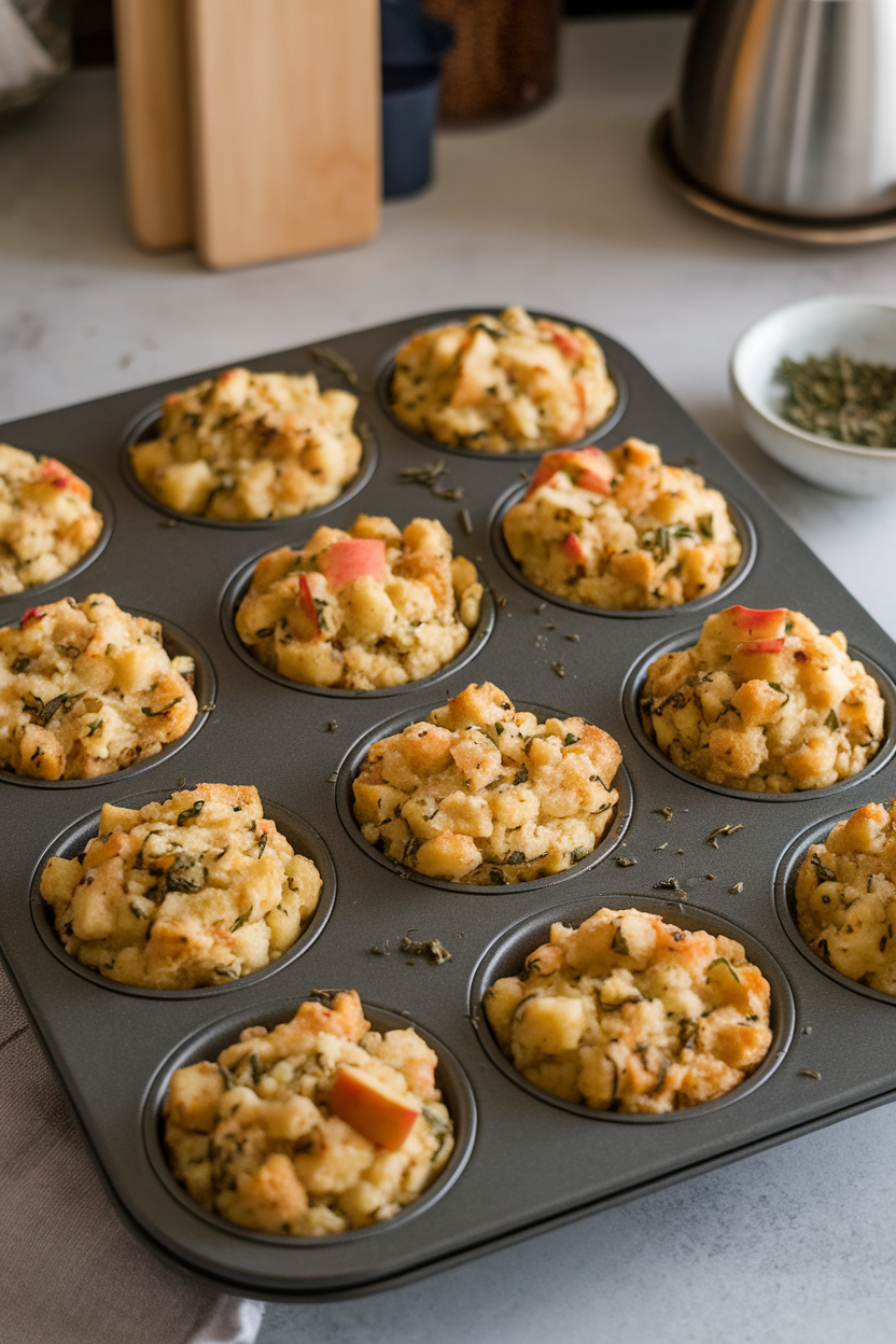 Muffin tin on a kitchen counter holding individual cornbread stuffing muffins studded with apple pieces and herbs, golden tops crisp. No text or logos.