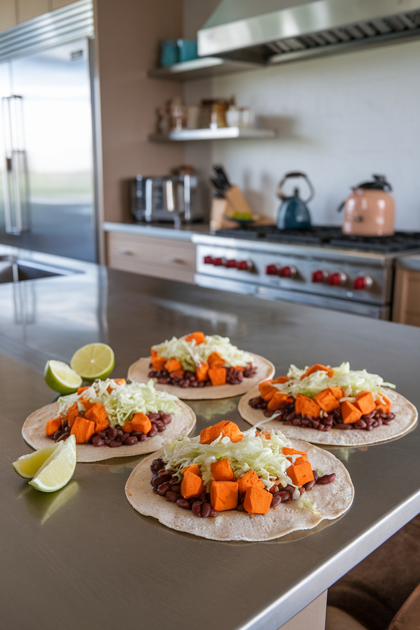 An indoor kitchen island displaying three corn tortillas filled with roasted sweet potato cubes, black beans, and shredded cabbage, lime wedges on the side. No text or logos visible.