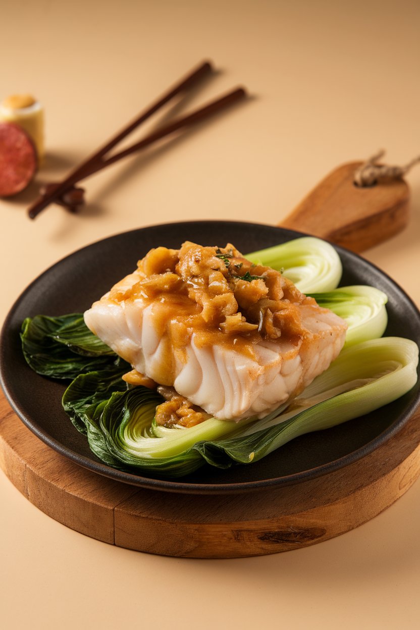 An indoor plate of cooked flaky cod fillet topped with ginger-lime glaze, side of steamed bok choy. Photo, no text or logos.