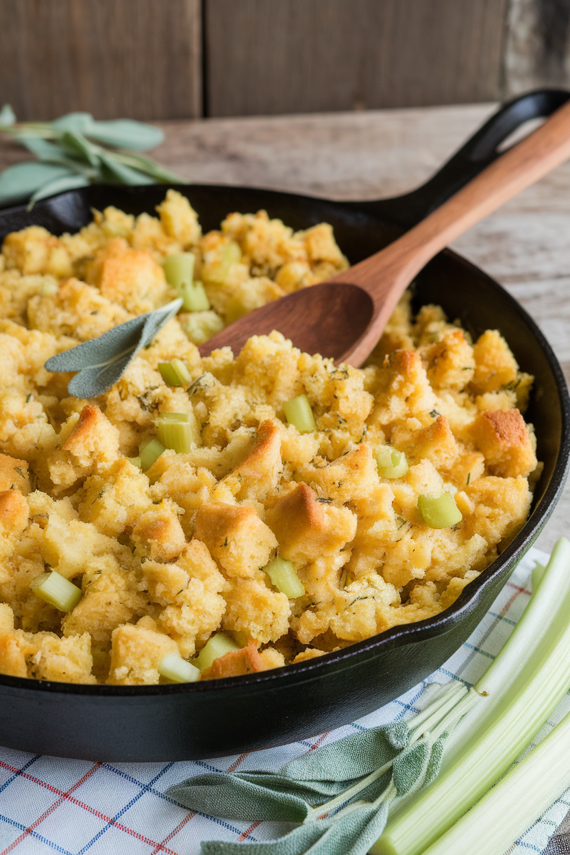 Indoor scene of a cast-iron skillet filled with golden cornbread dressing studded with celery and sage, a wooden spoon tucked in. No text or logos.