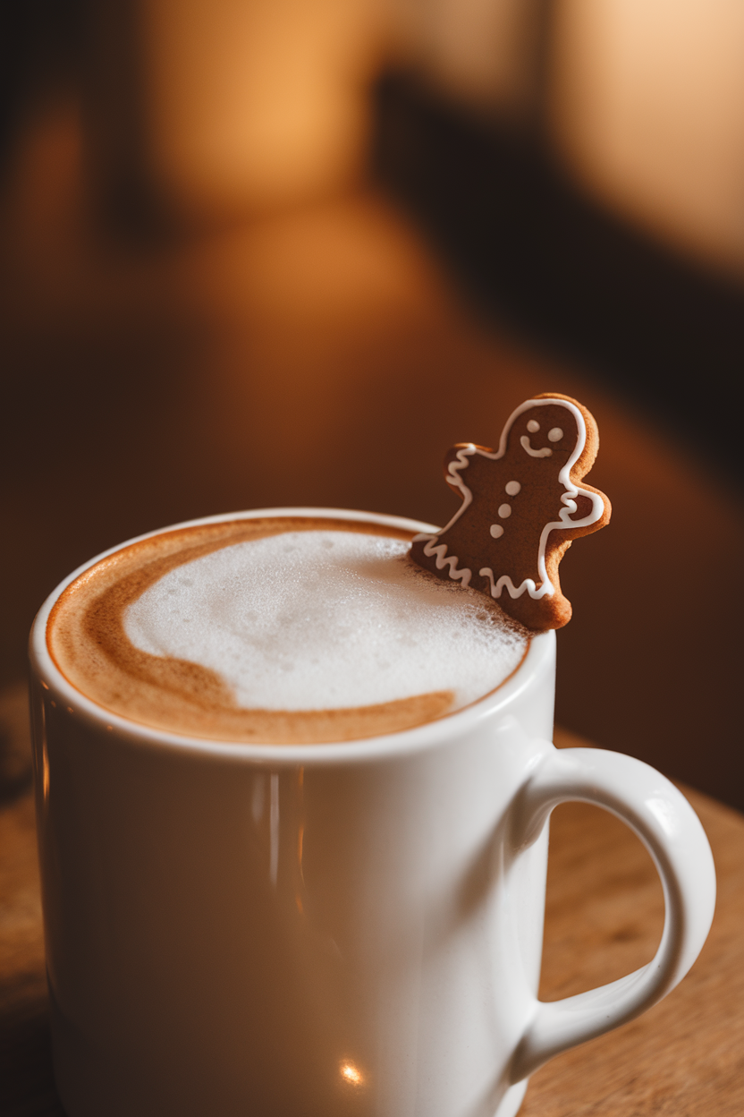 Indoor white mug of foamy gingerbread latte with a tiny gingerbread man cookie perched on rim, warm indoor lighting. No text or logos. Photo only.