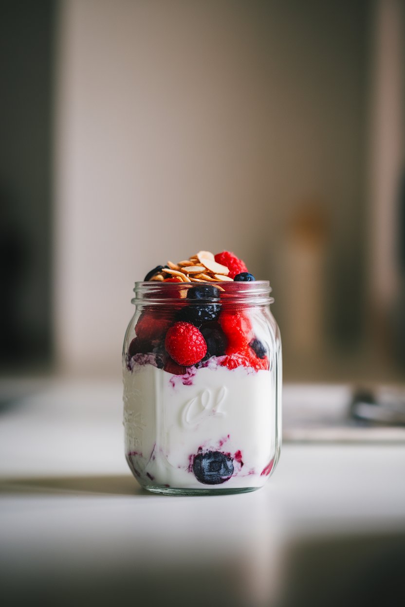 A softly lit indoor kitchen counter showing a clear glass layered with plain Greek yogurt, mixed berries, and a sprinkle of chopped almonds. No text or logos. Photo.