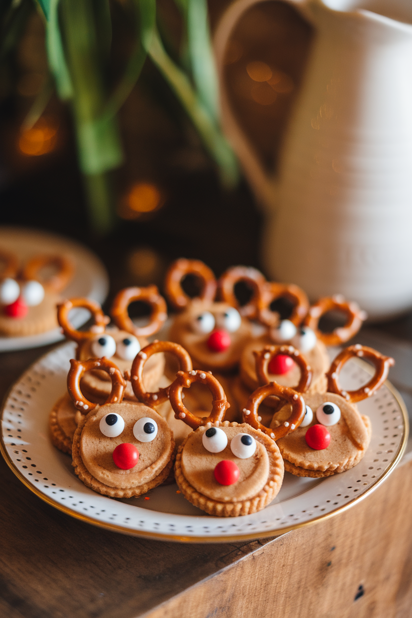 Indoor plate of peanut butter cookies decorated with pretzel antlers, candy eyes, and red candy noses to resemble reindeer; no text or logos. Photo, not illustration.