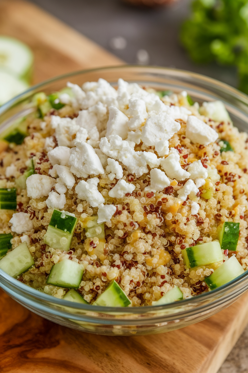 An indoor salad bowl featuring fluffy quinoa, diced cucumber, and crumbled feta mingling together under soft light. No text or logos. Photo only.