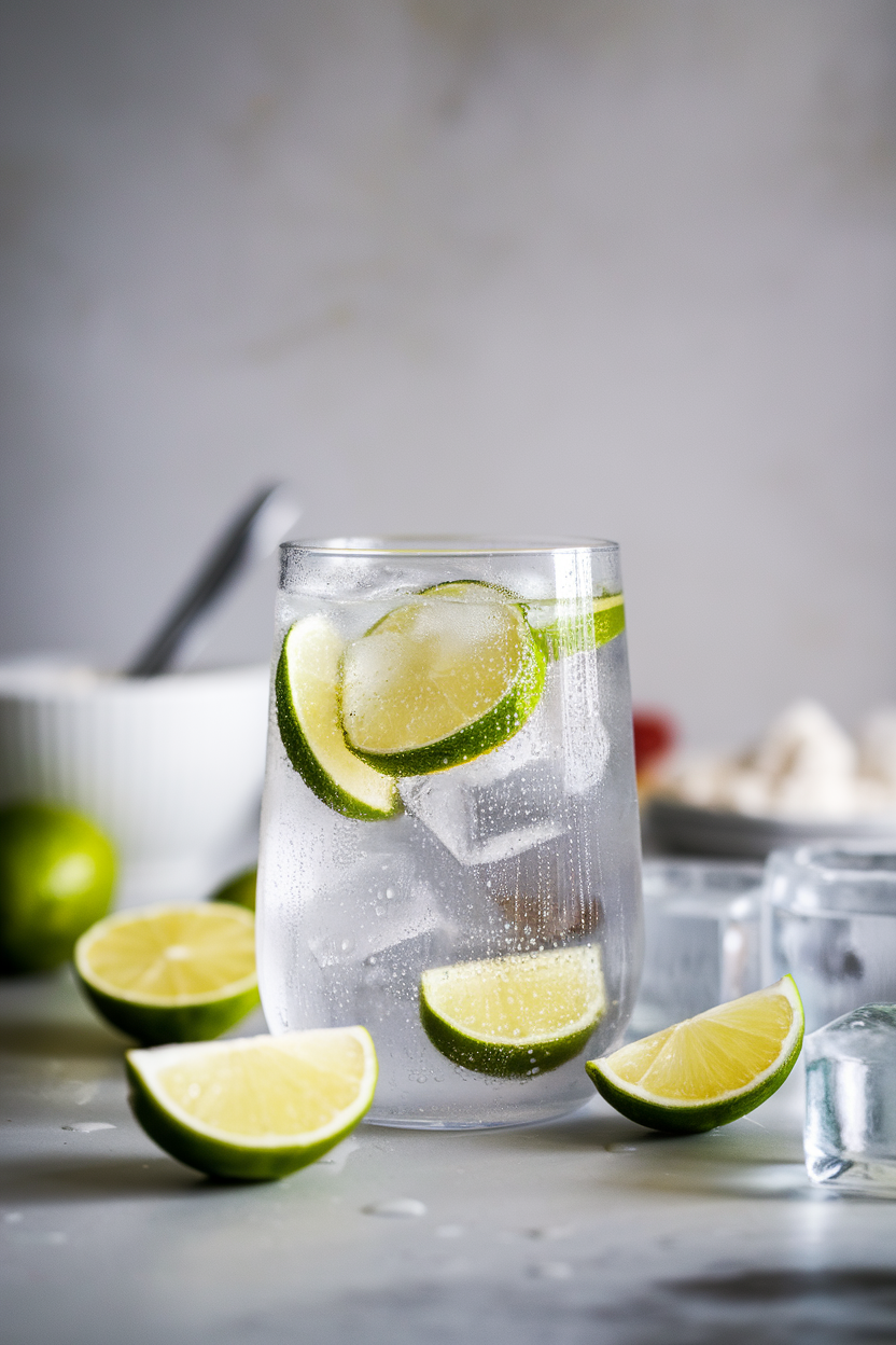 An indoor countertop scene showing a chilled glass of plain sparkling water with lime wedges and ice cubes, condensation on the glass, no text or logos.