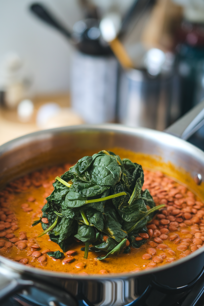 Indoor saucepan containing red lentils simmered in coconut-red curry sauce, handful of spinach wilted on top. No text or logos; photo.