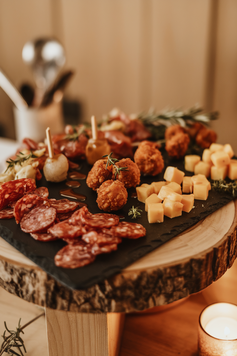 Warm indoor shot of a slate board with spicy soppressata, fried chicken bites, hot honey drizzle, and pepper jack cubes; no visible text or logos.
