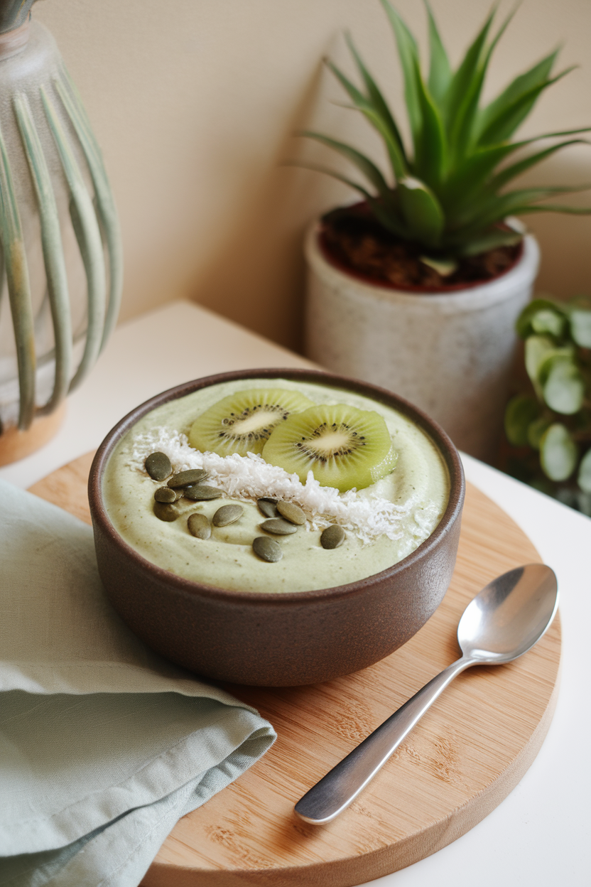 Indoor breakfast nook scene with a ceramic bowl of thick green smoothie topped with kiwi slices, coconut flakes, and pumpkin seeds; no text or logos, photo style.