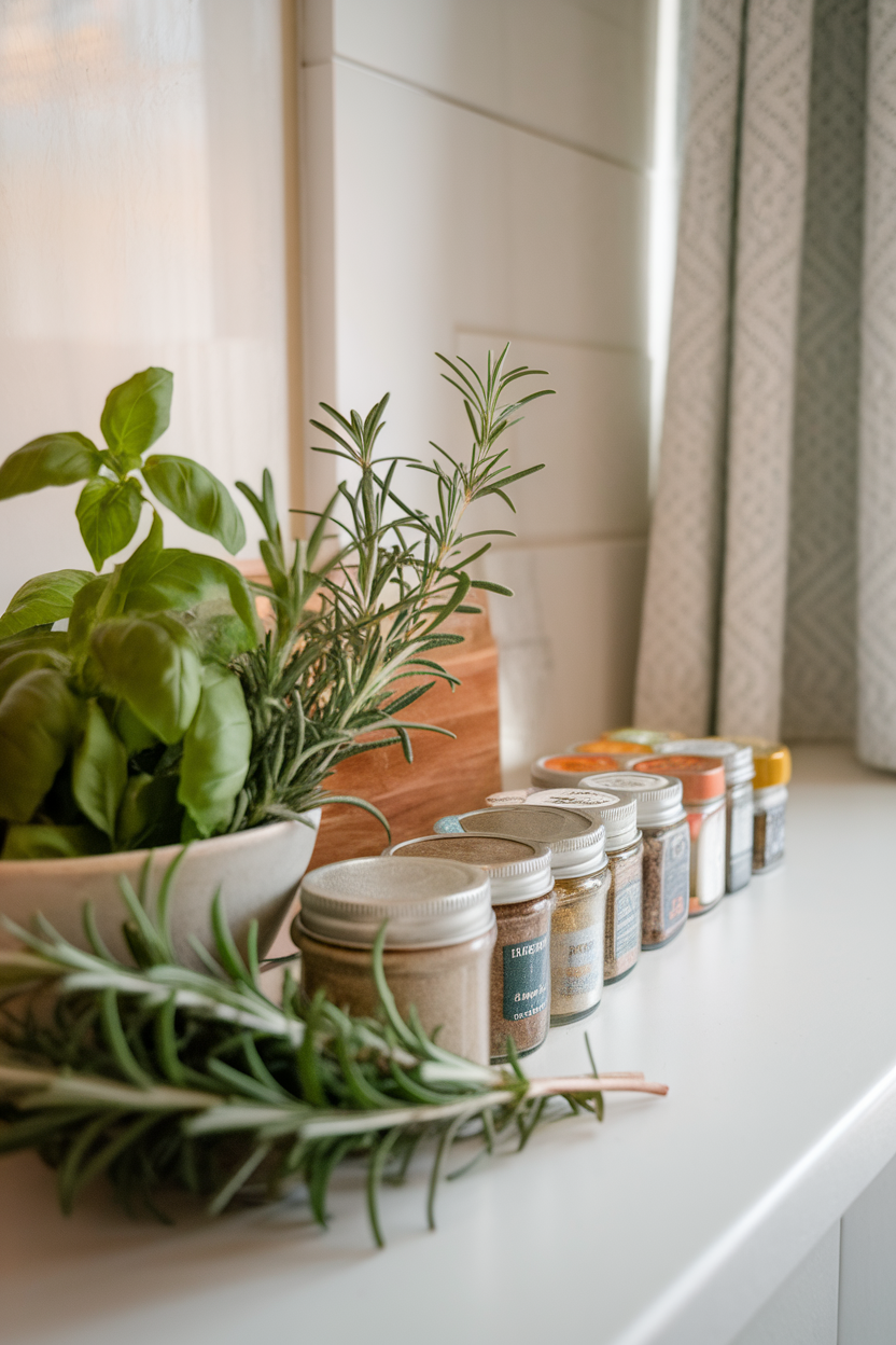 Indoor photo of small spice jars and fresh herb sprigs (basil, rosemary, turmeric) on a kitchen counter; no text or logos.