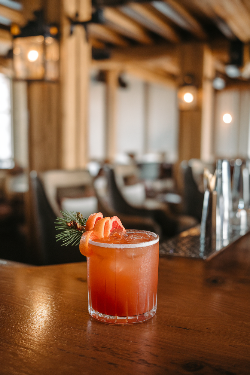 Indoor alpine-lodge bar featuring a rocks glass of deep-orange cocktail garnished with a twist of grapefruit and a small pine sprig. No text or logos; photograph, not illustration.