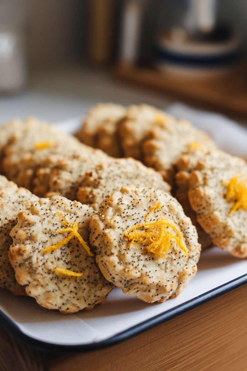 Photo prompt: Almond cookies speckled with poppy seeds and lemon zest on a tray indoors, no branding.