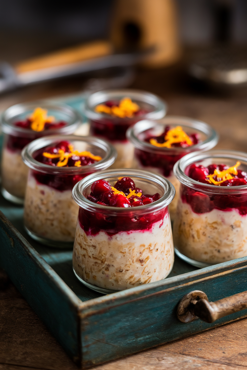 Indoor shot of small jars layered with creamy overnight oats, cranberry compote, and orange zest. Soft morning-style lighting; no text or logos present.