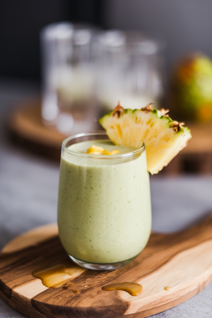 Indoor photo of a light green smoothie in a glass with a pineapple wedge garnish, no text or logos.
