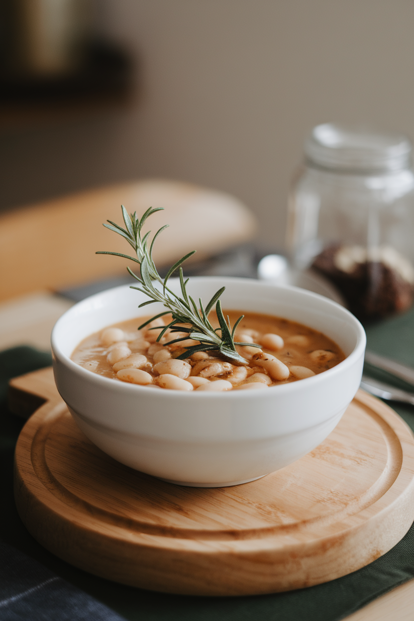 Photo of a bowl of white bean soup garnished with a sprig of rosemary, indoor dining table, no text or logos